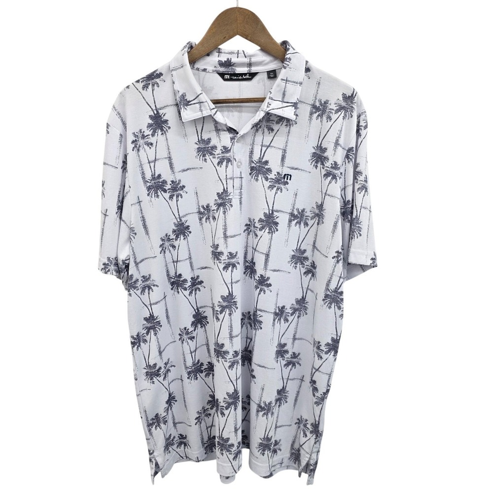 Travis Mathew White Palm Tree Print Polo‎ Shirt Casual Golf Stretch Mens XXL 2XL